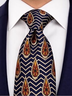 Villa Bugatti Italian Silk Tie Navy Blue Tan Rust Chevron Geometric Teardrop USA